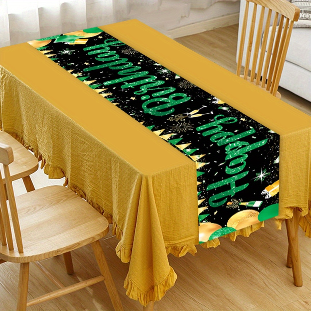 TEMU 1pc Chemin de Table Anniversaire - Motif Vert avec Ballons et Drapeaux Jaunes, Polyester Tissé à 35x180 cm Décoration Élégante pour
