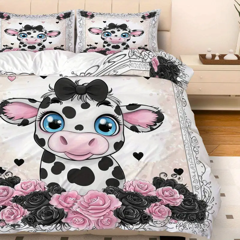 3pcs duvet cover set, 1 duvet+2 pillowcases(without filler), rose cow pattern theme, valentine s bedding set, elegant romantic suitable for decoration bedroom guestroom wedding room , holiday decoration, , stylish duvet, romantic theme, durable cover, textile, pillowcase set, decorative bedding, , couples gift Product details 1