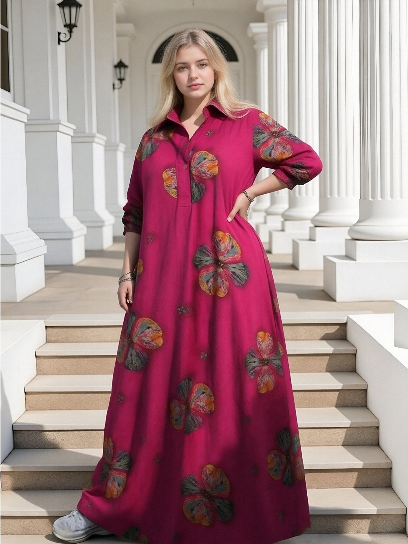 slim fit dress slacks Long Pleated Plus-Size Formal Dress with Long Sleeves– PromGirl main image 1