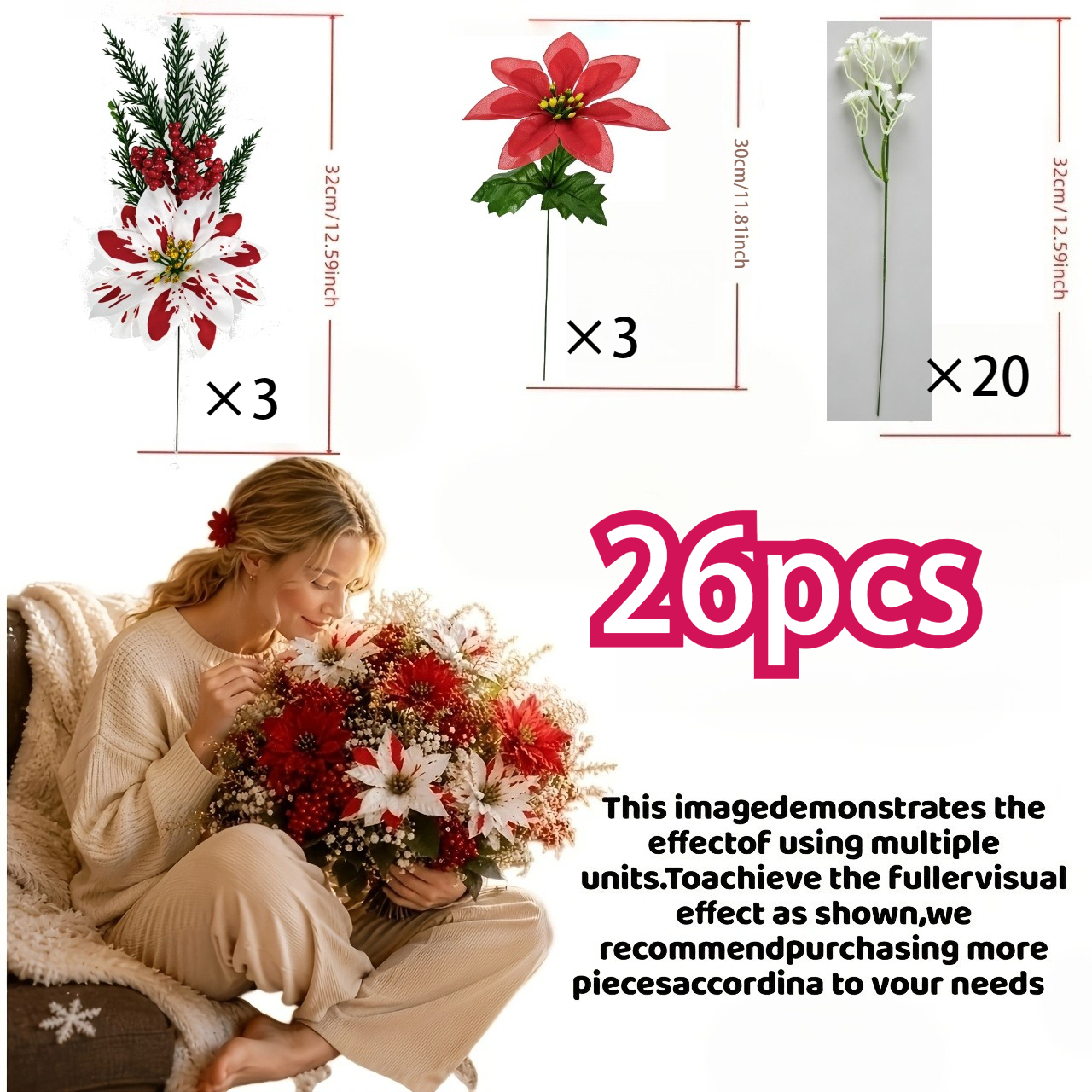 TEMU Ramo de flores artificiales y de Navidad de 26 piezas con y espuma de - Flores artificiales decorativas auto , resistentes a los rayos UV,