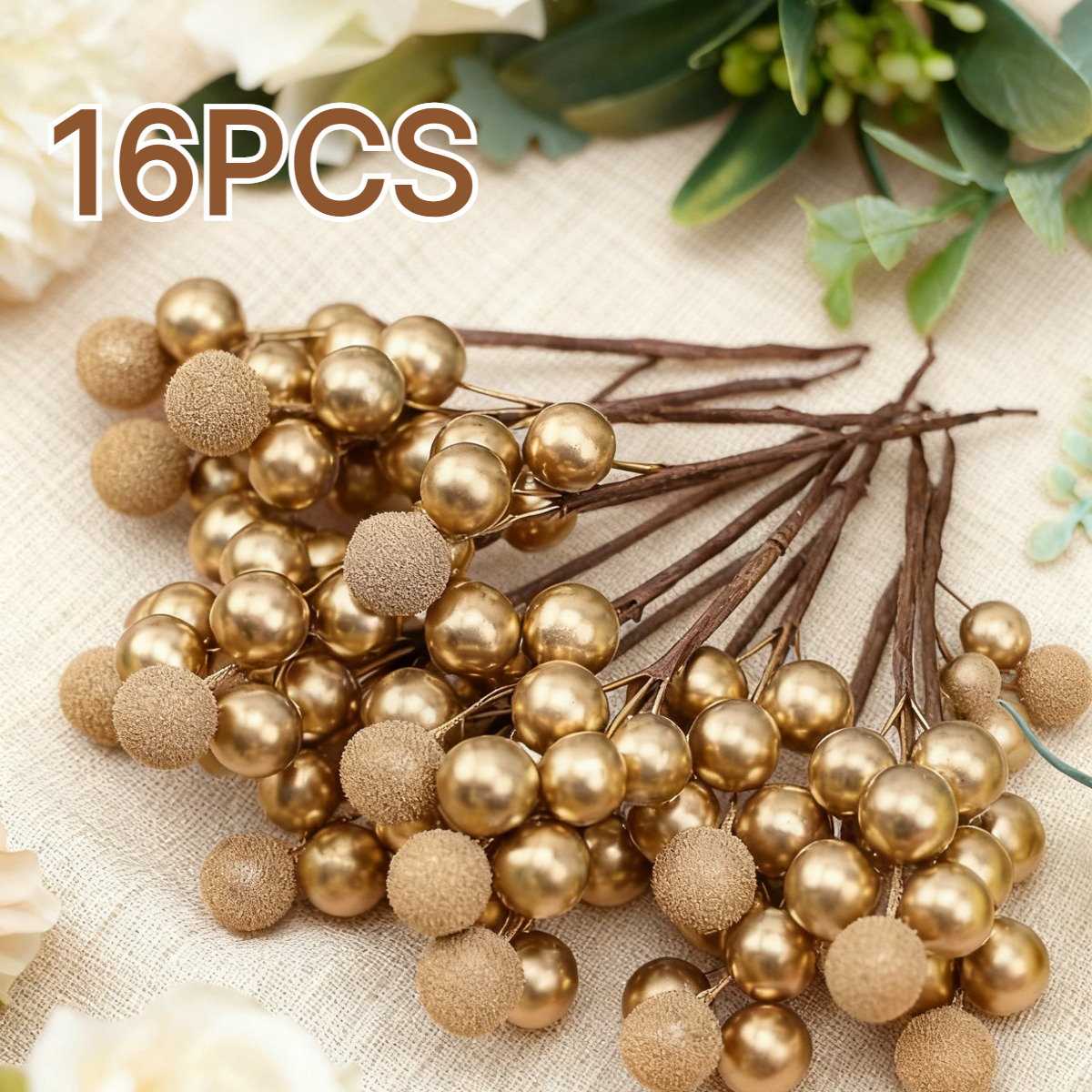 TEMU A Set Of 16 Red And Golden Artificial Wax Berries, Perfect For Decorating Wreaths And Enhancing Home Decor, Christmas Decorations, And Halloween
