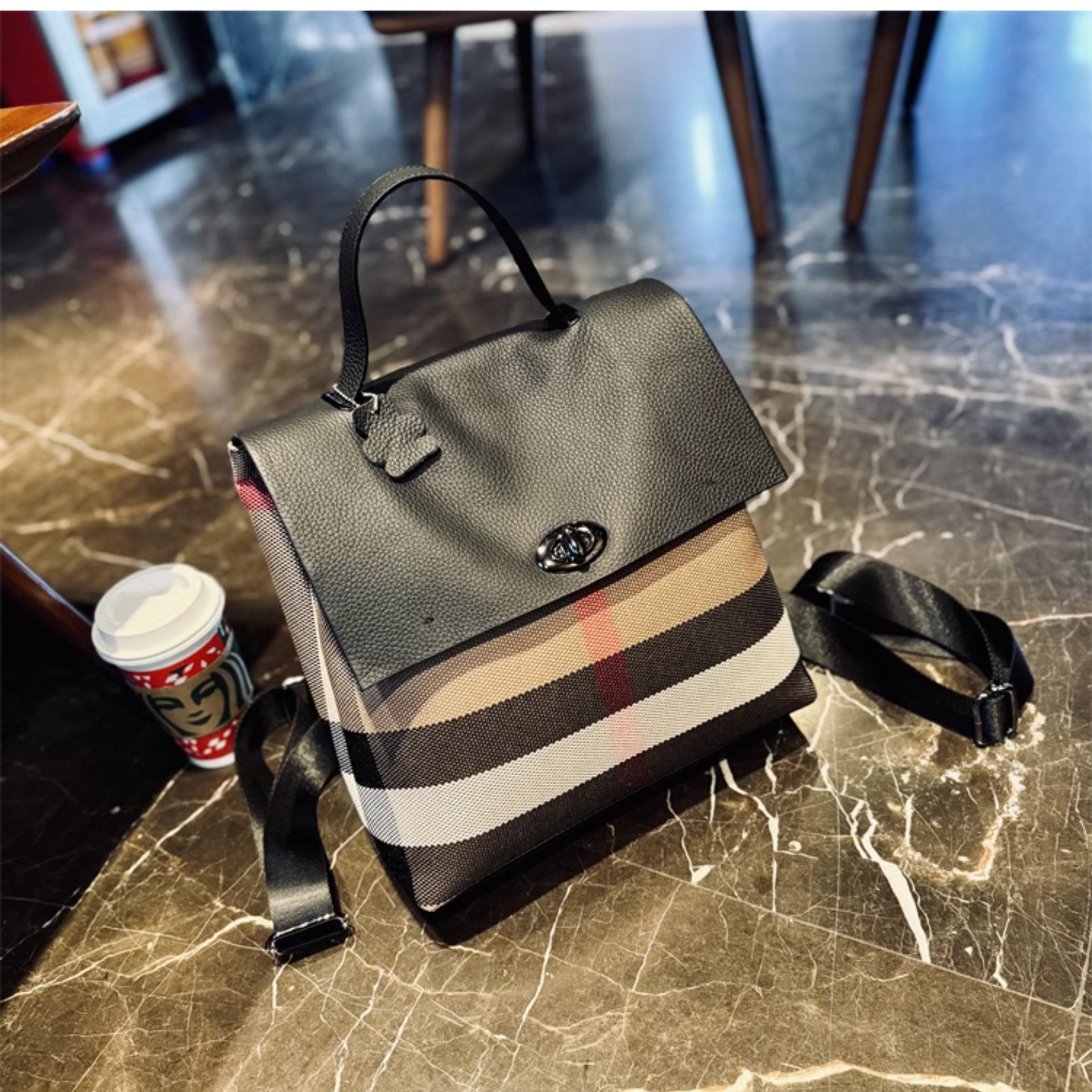 Women's Genuine Leather Check Convertible Backpack, Large Capacity Mesh Flap Handbag, Shoulder Carry And Handheld Everyday Bag