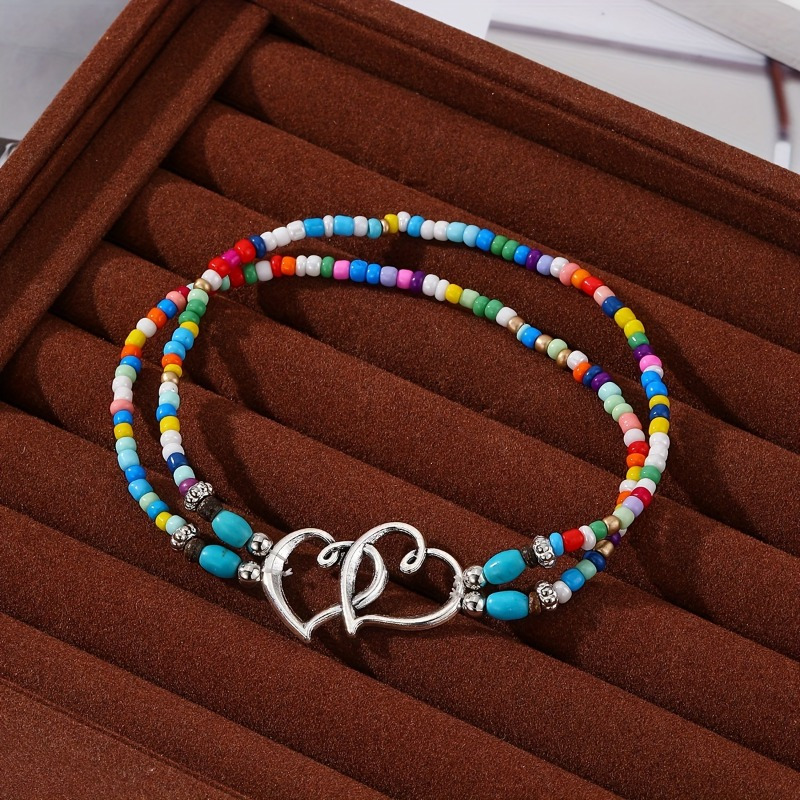 4pcs Boho Chic Beaded Anklet Set, Multicolor Heart Design