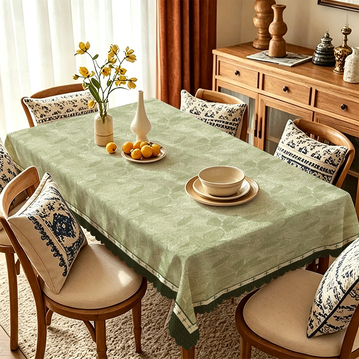 TEMU Tablecloth, 1pc, 2d Flat Rectangular Tablecloth With Bean - Of Light-patterned Leaves   A Wavy Lace Border. And /summer Style That A Refreshing,
