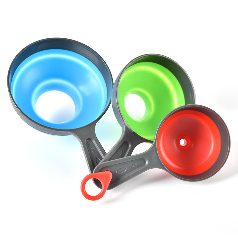Image of 3pcs Extendable And Foldable Silicone Funnel Set, Wide Mouth/narrow Mouth, Fruit Soy Sauce Drain, Kitchen Tools, Liquid Dispenser, Portable Funnel