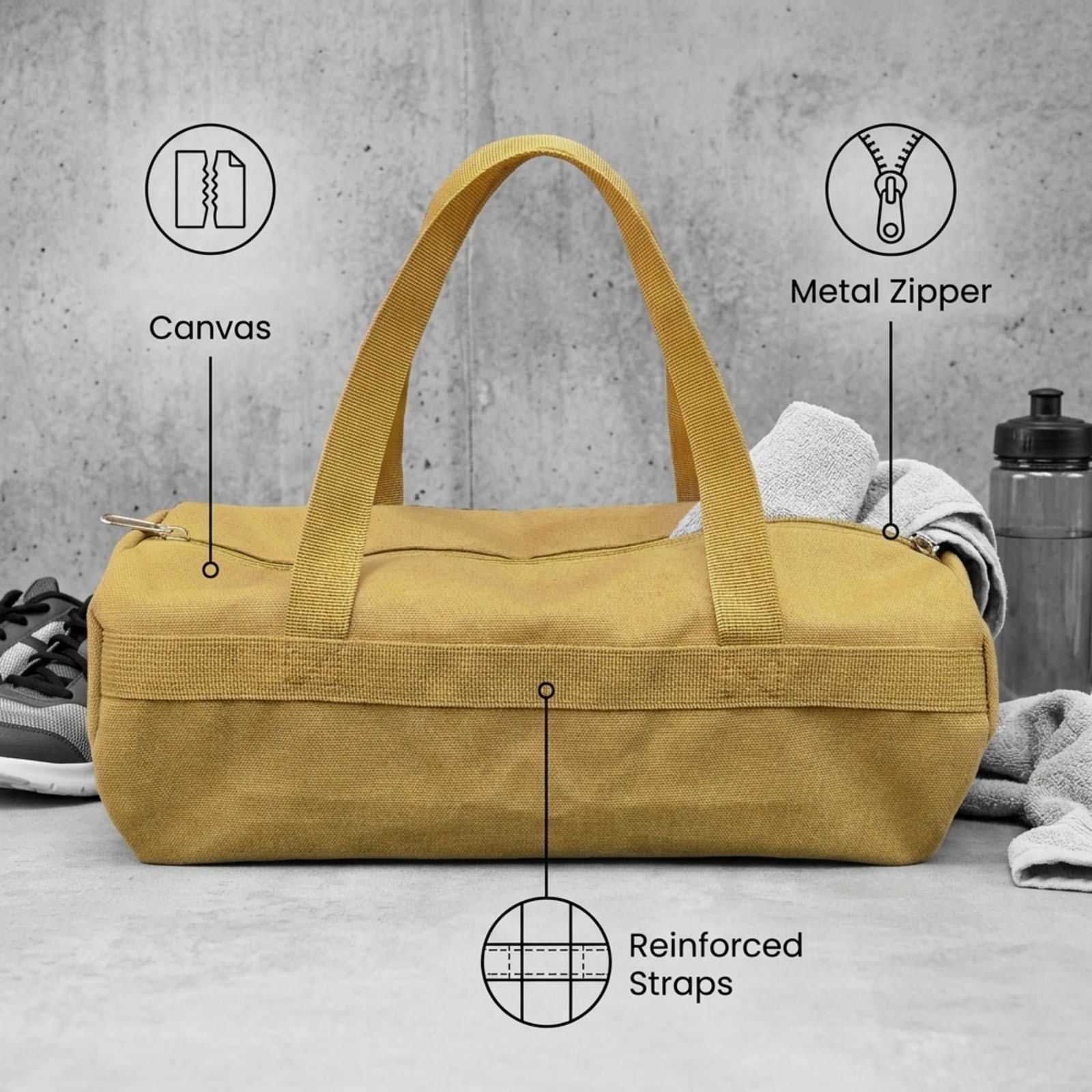 TEMU Bolso Deportivo, Bolso Cilíndrico Retro Color Caqui de Lona Gruesa, Diseño de Cremallera con Asa de Correa de Costuras Reforzadas, Bolso de