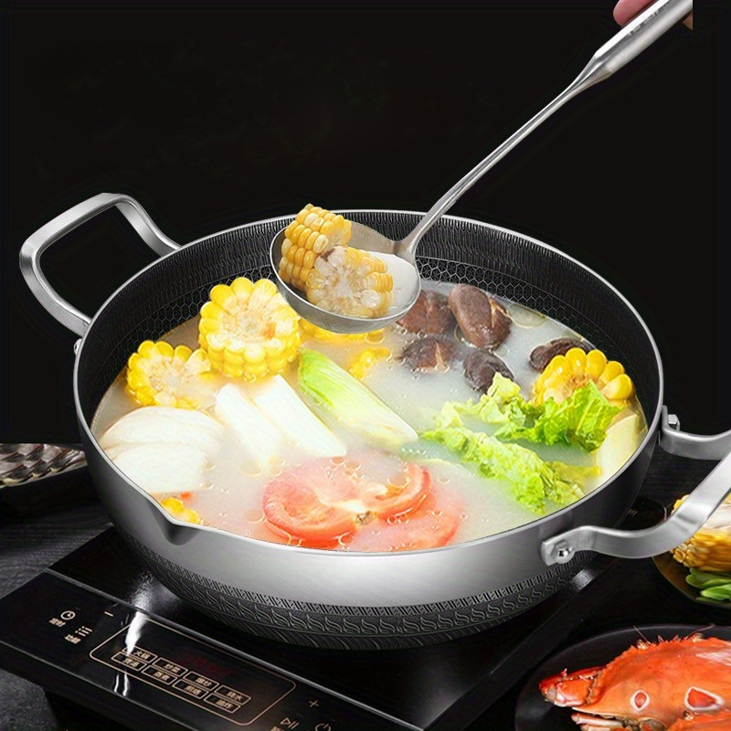 1pc stainless steel frying pan with lid 10 inch honeycomb non stick bottom induction compatible dual handles multi range cookware for hot pot and frying details 4