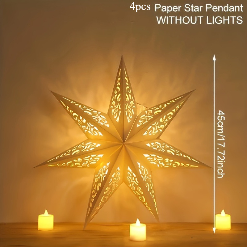 Image of 4pcs Star-shaped Christmas Paper Lanterns With Intricate Cut-out Design, No Battery Or Power Required, Come With Candles, For Home Bedroom Party Xmas Decor, Holiday Star Paper Lantern Decorations