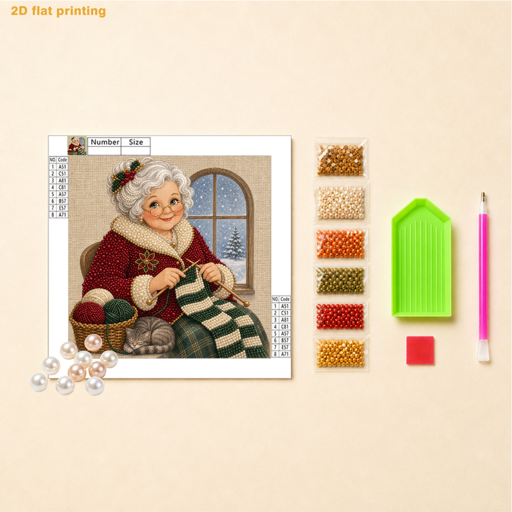 TEMU Diy Pearl Art Painting Kit - Woman Knitting A Scarf With A Sleeping Cat Pattern, Includes Round Pearls, Shiny Gems, Clear Symbols, Complete Tool
