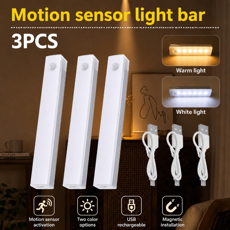 3pcs Smart Motion Sensor LED Under Cabinet Light Set