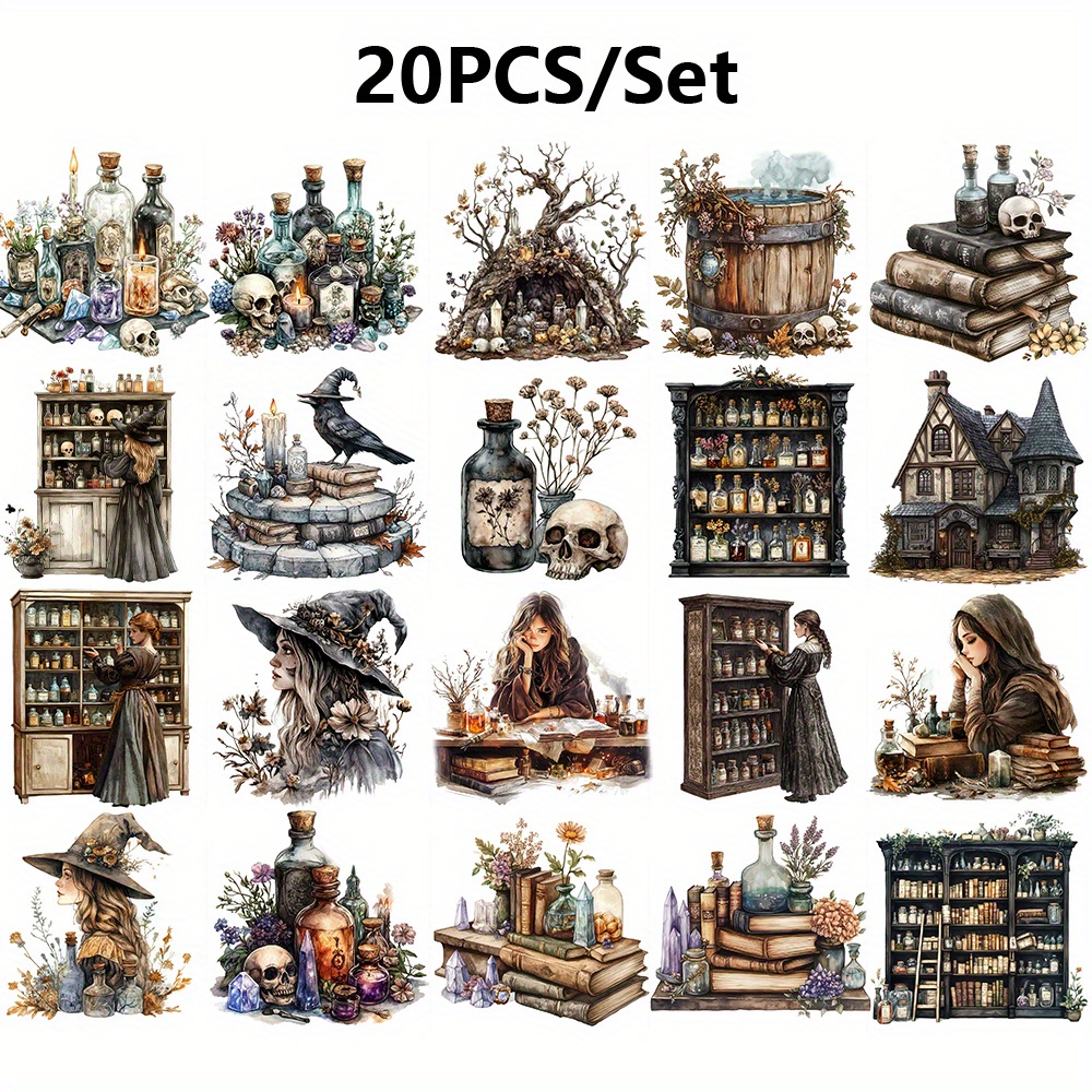 Image of 20pcs Ancient Books Potions Aesthetic Decoration Decals Crafts Scrapbooking Travel Luggage Laptop Notebook Guitar Skateboard Wall Suitcase Diary Book Wallpaper Decoration Gift For Girlfriend