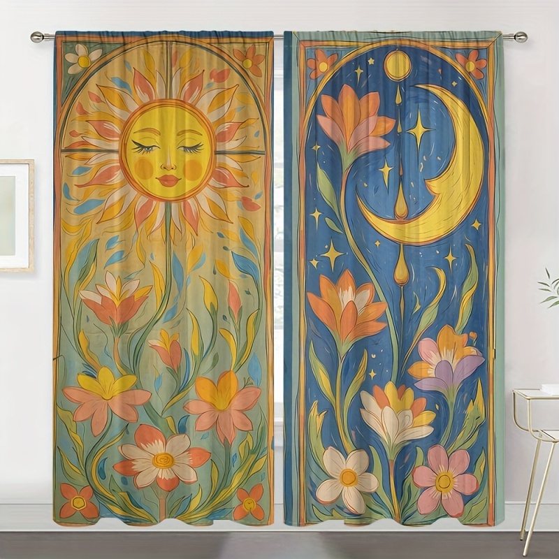TEMU 2pcs Set Of Bohemian- And Moon Curtains | Retro Starry , Bright Floral Pattern, Semi-transparent Rod Pocket Curtains, Suitable For Living Rooms