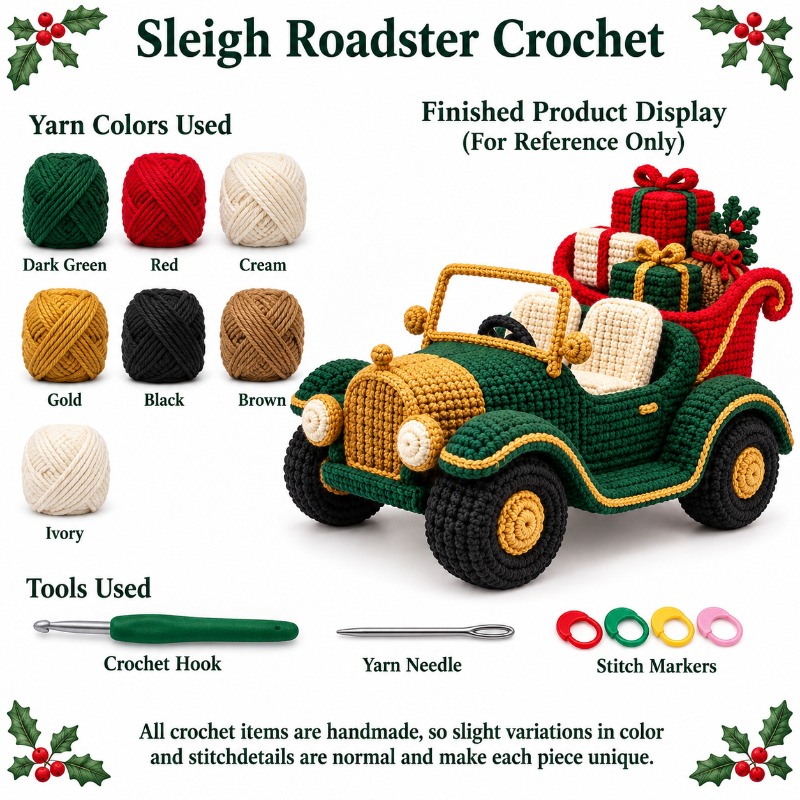 Image of Diy Crochet Christmas Sleigh Green & Golden Vintage Car Kit, Complete With All Crocheting Supplies, Tutorials And Basic English Manuals. Craft A Unique And Handmade Gift For Your .