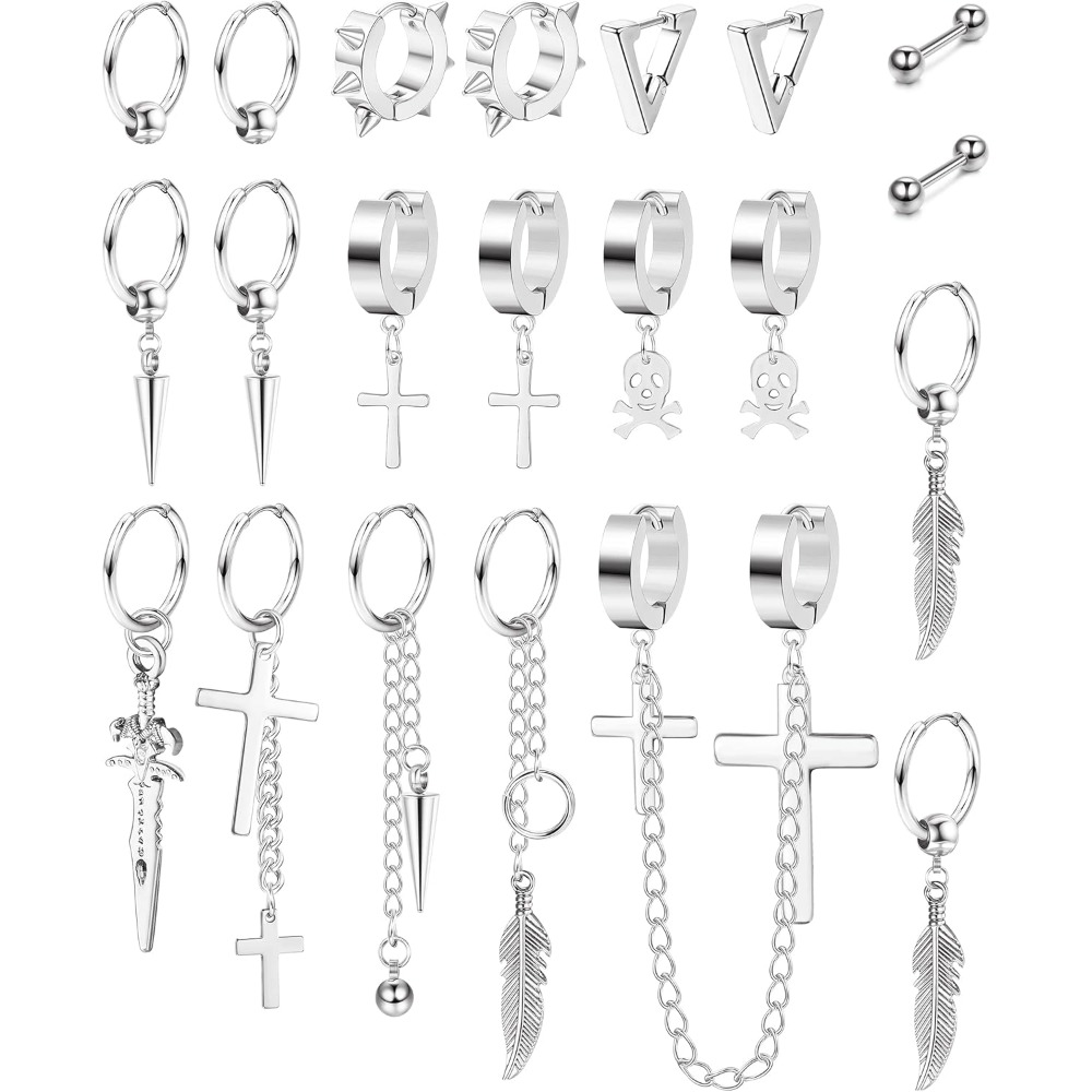 Image of 21pcs Set 316l Stainless Steel Hoop Earrings For Men Women Dangle Chain Earrings Punk Gothic Kpop Leaf Cross Earrings Set Unisex