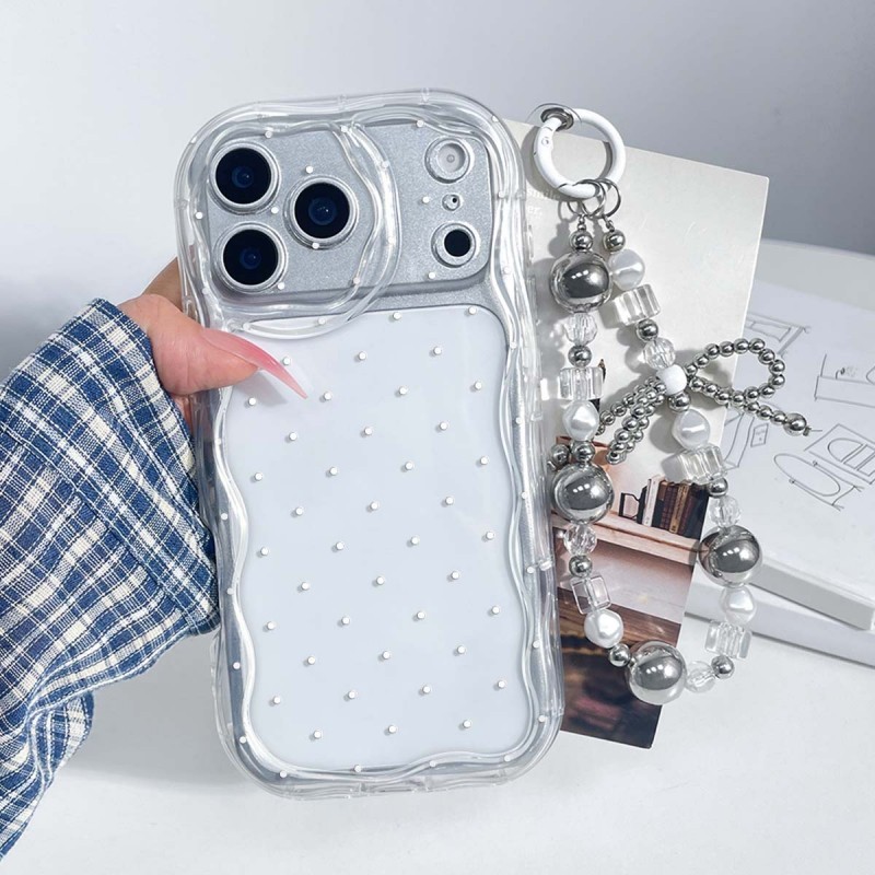 TEMU Funda para teléfono: Elegante funda a prueba de golpes con de pequeñas manchas redondas blancas, diseño único de borde ondulado con cordón a