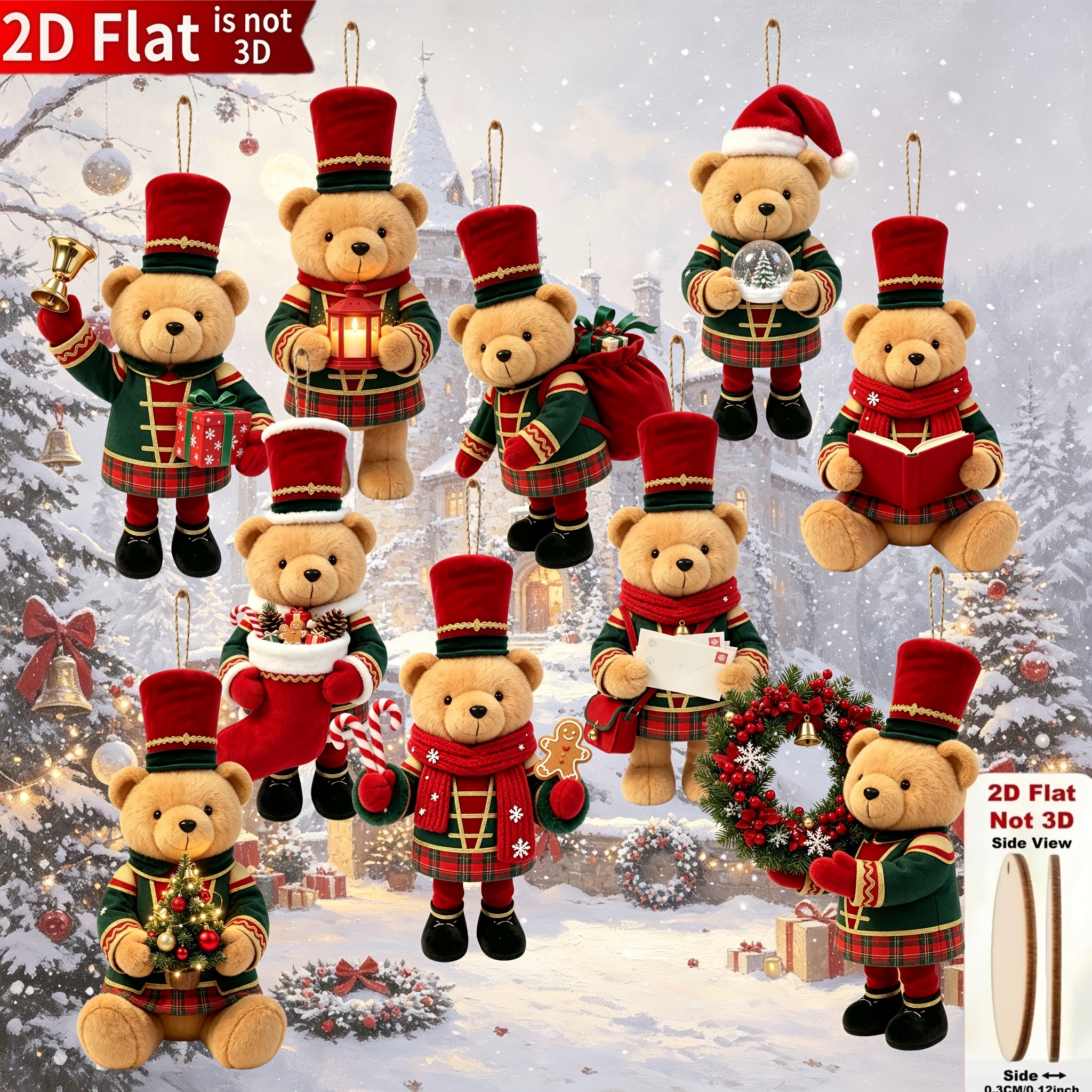 TEMU Set da 10 pezzi di ornamenti natalizi a a forma di orso con cappello, 2D, con motivi a tema natalizio, adatti per alberi, case, feste e regali
