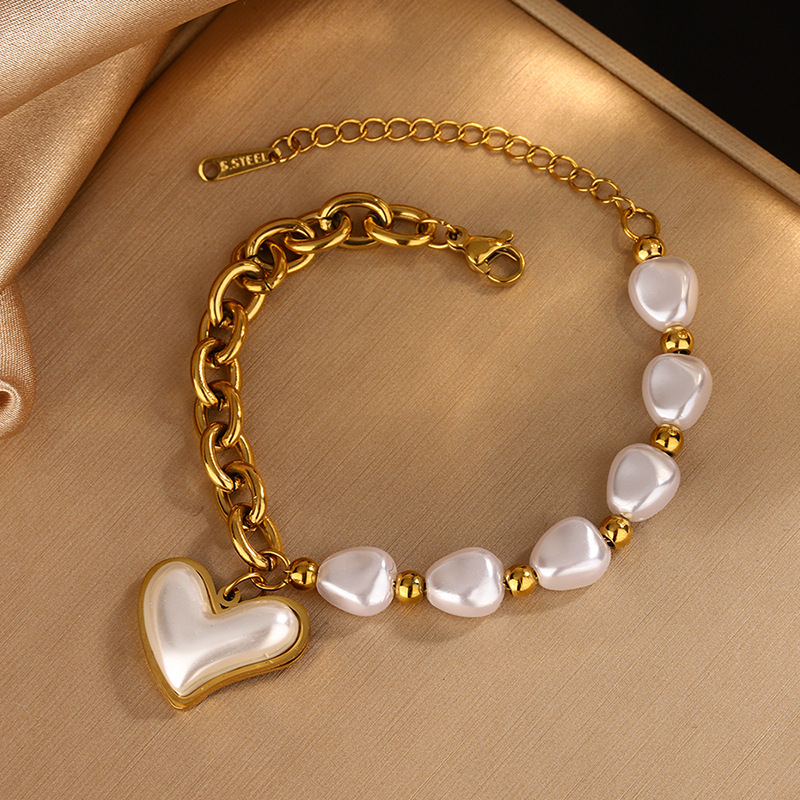 TEMU An Irregular Baroque-style Bracelet With A Heart Charm, Made Of Stainless Steel, Exquisite , Pure And Sensual Women's Bracelet