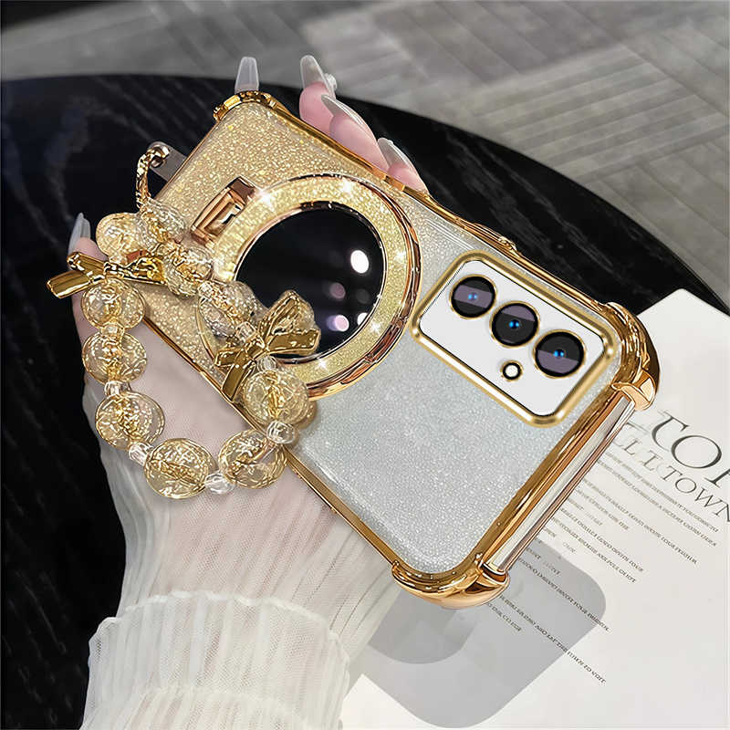 TEMU Étui téléphone : Coque pour for Samsung A17 avec pliant magnétique, support, aux chocs, dégradé pailleté, protection -, dos souple avec bracelet