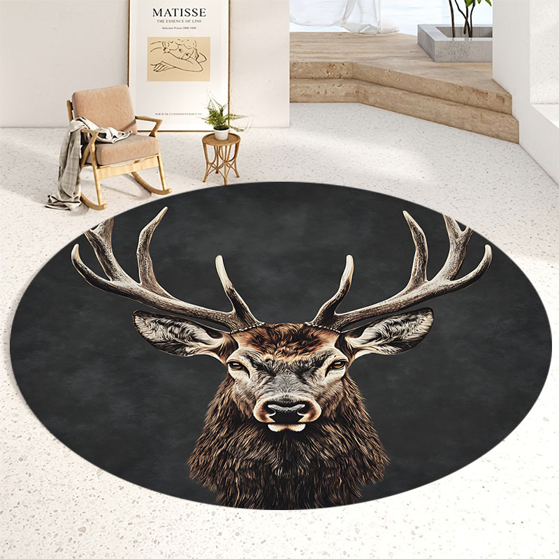TEMU 1pc Deer Head Carpet Round - Soft Machine-washable Deer Antler Suitable For Christmas, Bedroom, Living Room - Elegant Deer Head Pattern