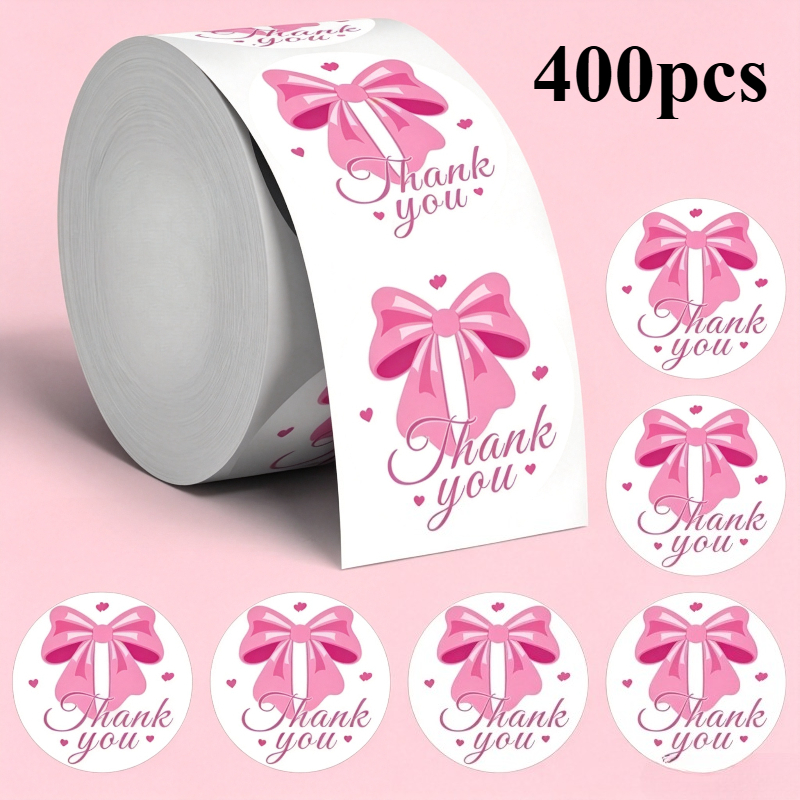 TEMU 400pcs Cute Pink Bow English "thank You" Round Pvc Self-adhesive Stickers, Envelope And Greeting Card Sealing Stickers, Handmade Diy Decorative