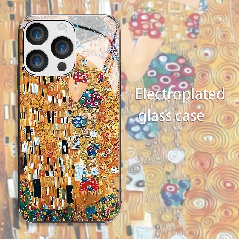 TEMU Phone Case - Klimt Style Golden Embrace Phone Case Silvery Glass For Iphone 17 16 15 14 13 12 Pro Max - Creative , Unisex, Holiday Gift For ,