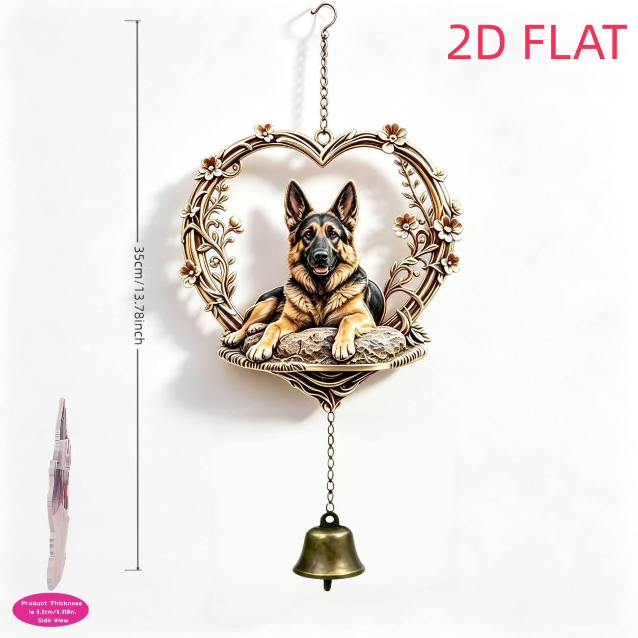 TEMU Heart-shaped Wreath German Shepherd Dog Wind Chime Hanging Ornament, 2d Flat Acrylic Tag With Vintage Metal Bell, -themed Decorative Hanging