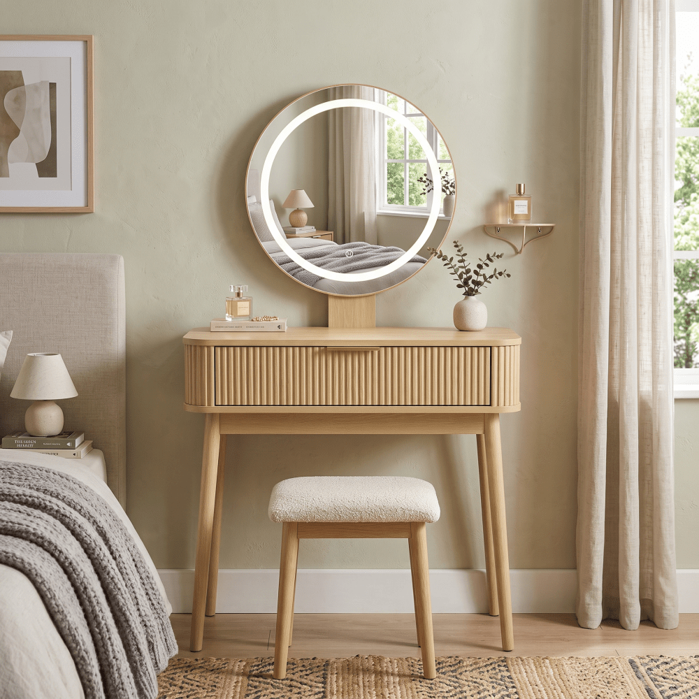 Image of Dressing Table. Includes A Mirror, Measures 80x40x133cm, Features Extra-large Drawers, Suitable For Small Rooms And Bedrooms, Oak Color, Chair Not Included.