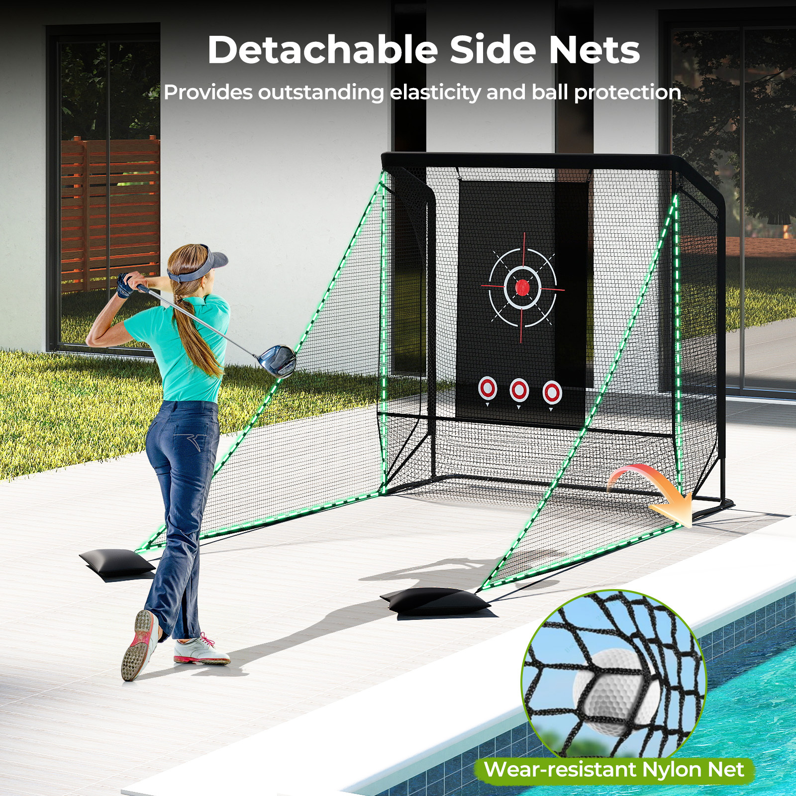   golf practice hitting net golf cage w dual side barriers   cloth metal frame sand bags golf driving cloth net for indoor outdoor backyard driving chipping swing training