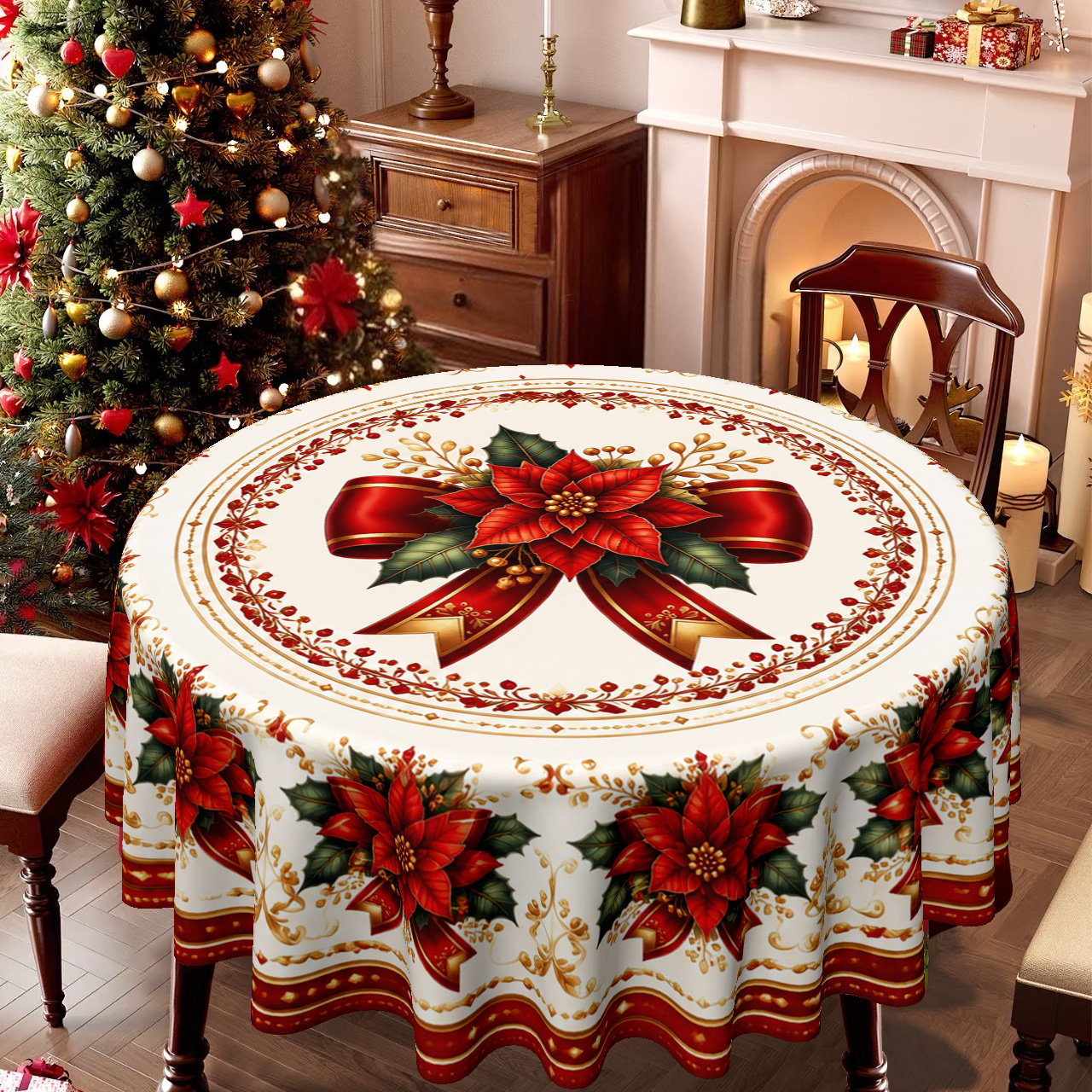 TEMU 1pc Round Christmas Tablecloth With Poinsettia Print - Red & Golden Suitable For Holiday Table Cover, Elegant Suitable For Kitchen Dining Room