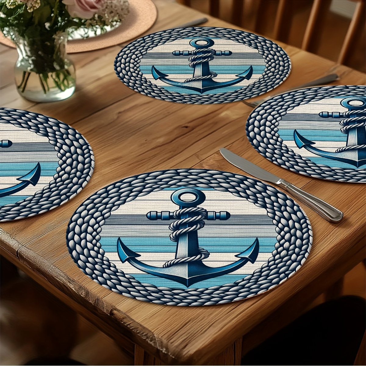 TEMU 4pcs Vintage Nautical Anchor Placemats, Navy Blue, Round With Rope Detail, Hand Washable - Ideal For Dining Decor, Nautical Theme Decoration
