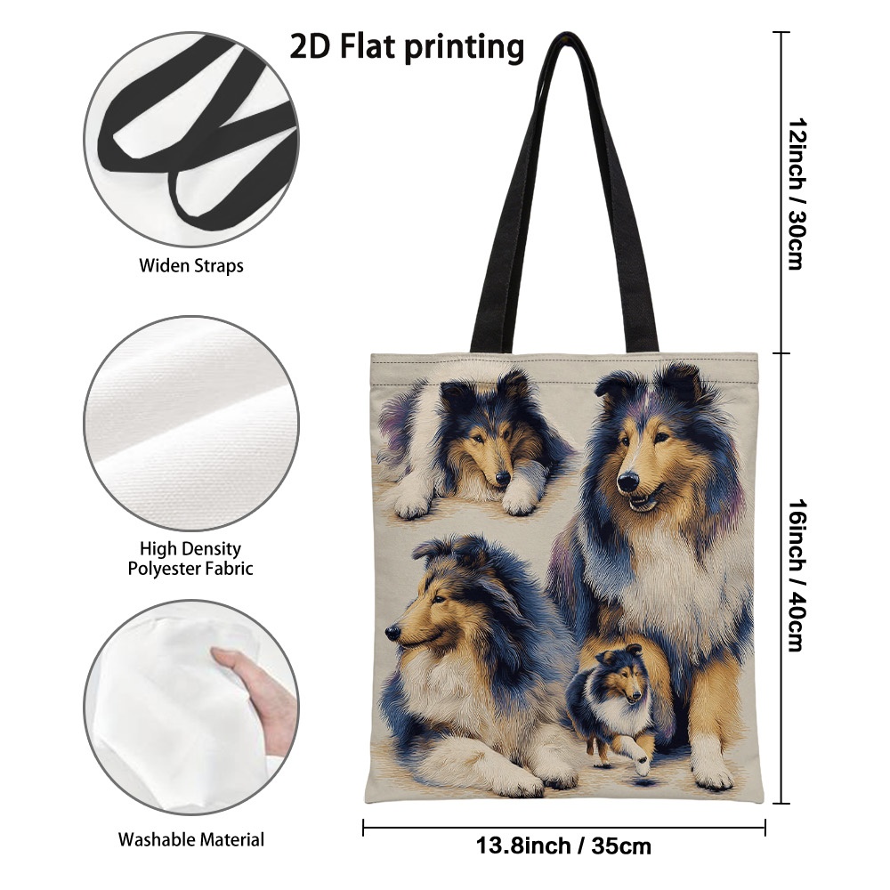 TEMU 1pc Rough Collie Dog Tote Bag - Double-sided Suitable For Beach, Grocery & Daily Use, Durable Polyester Shoulder Bag With Vibrant Rough Collie