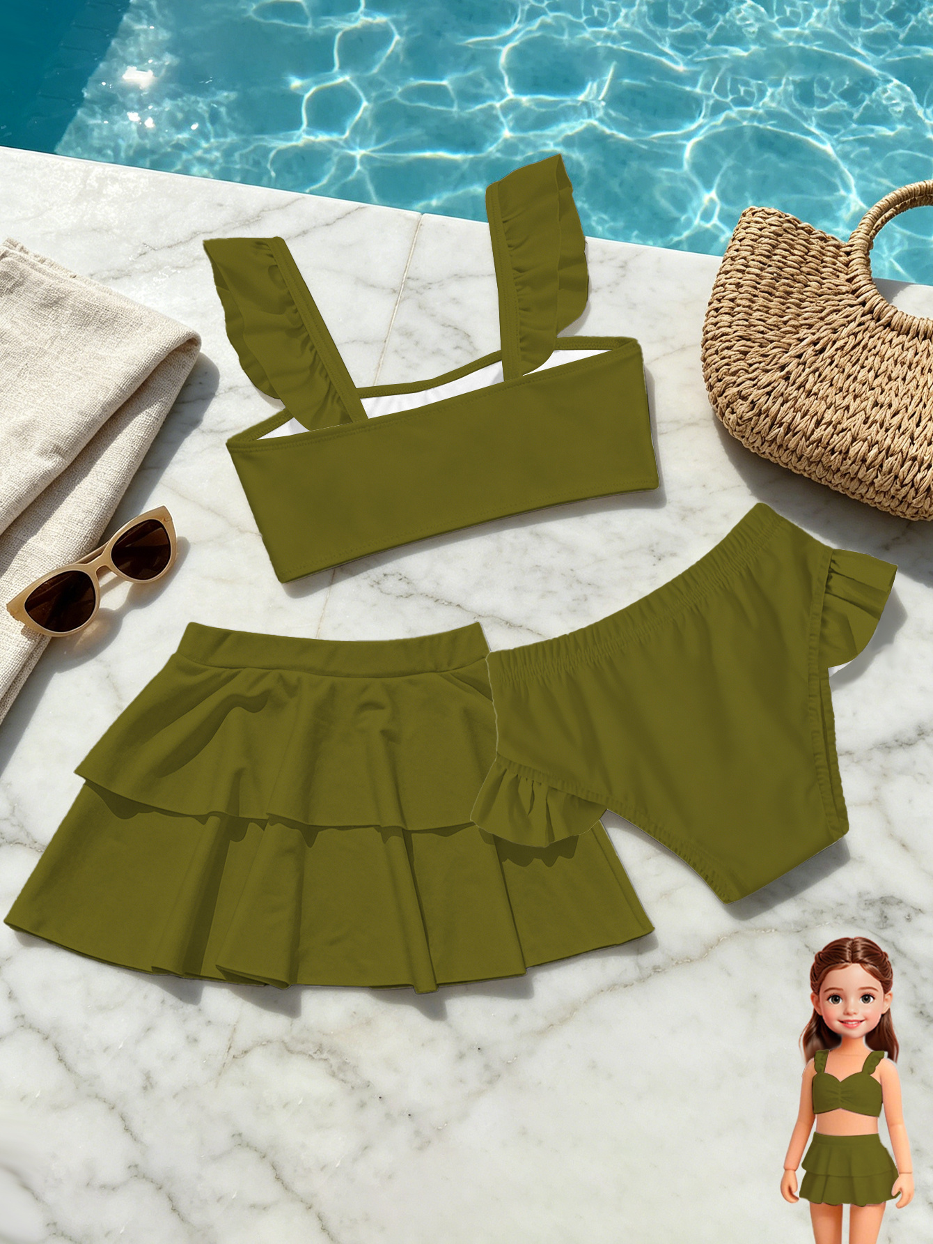 mädchen neues sommer 3-teiliges set eleganter badeanzug mode fantasy frühling/herbst outfit geschenk urlaub süßes geschenk outdoor lässig sport zufälliger druck vollständiger druck bildinhalt nicht bereitgestellt