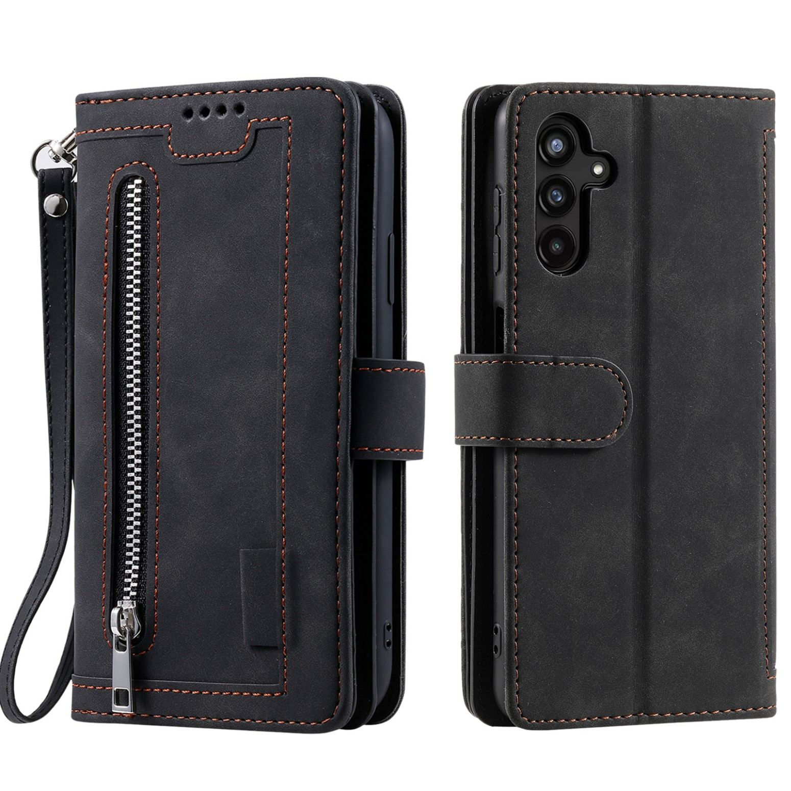 TEMU Phone Case - Black 9-card Zipper Phone Case, Retro Stylish Synthetic Faux Leather Wallet-style Protective Cover With Detachable Short Strap