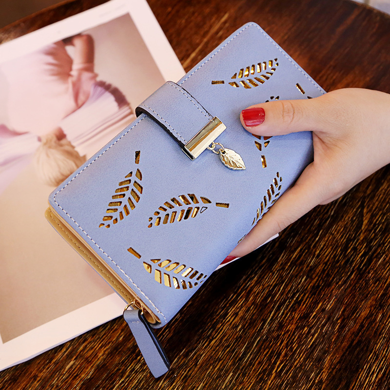 TEMU 2026 New Women's Wallet Sweet And Elegant Pu Horizontal Zipper Medium-long Hollow Leaf Coin Purse