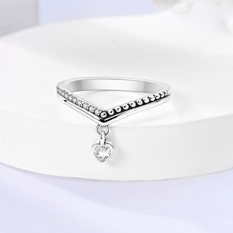Women's Exquisite 925 Silver Sparkling Wishbone Heart Ring