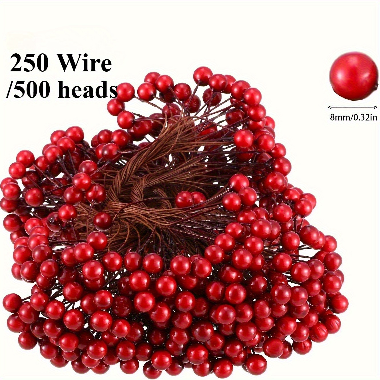 TEMU 500pcs Dark Red 8mm Artificial On 250 Wire Stems - Vibrant Plastic Christmas Decor For Tree, Wreaths, Wedding Party Favors - Durable, No