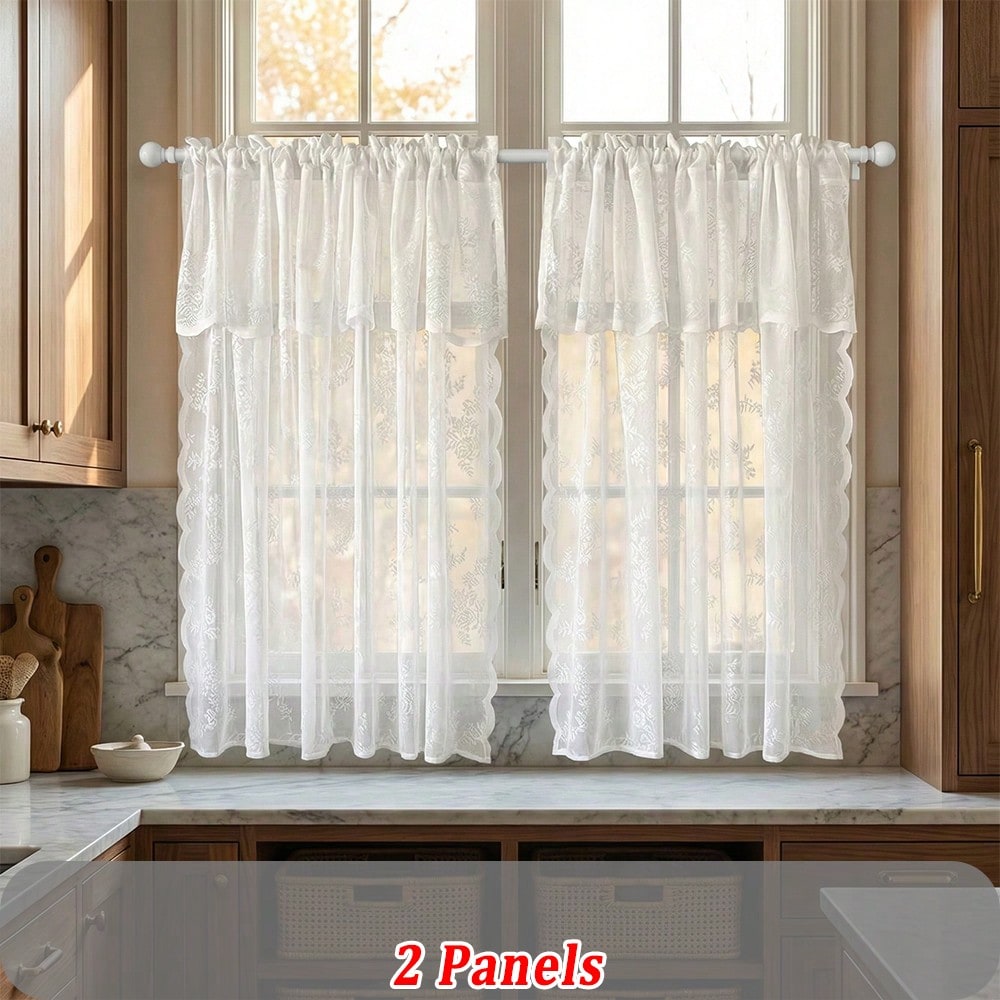 TEMU Parure de 2 Panneaux, Rideaux Voir- Dentelle Florale de Style Français, à Double Couche au Niveau de , Emplacement pour Tringle sur le Haut,