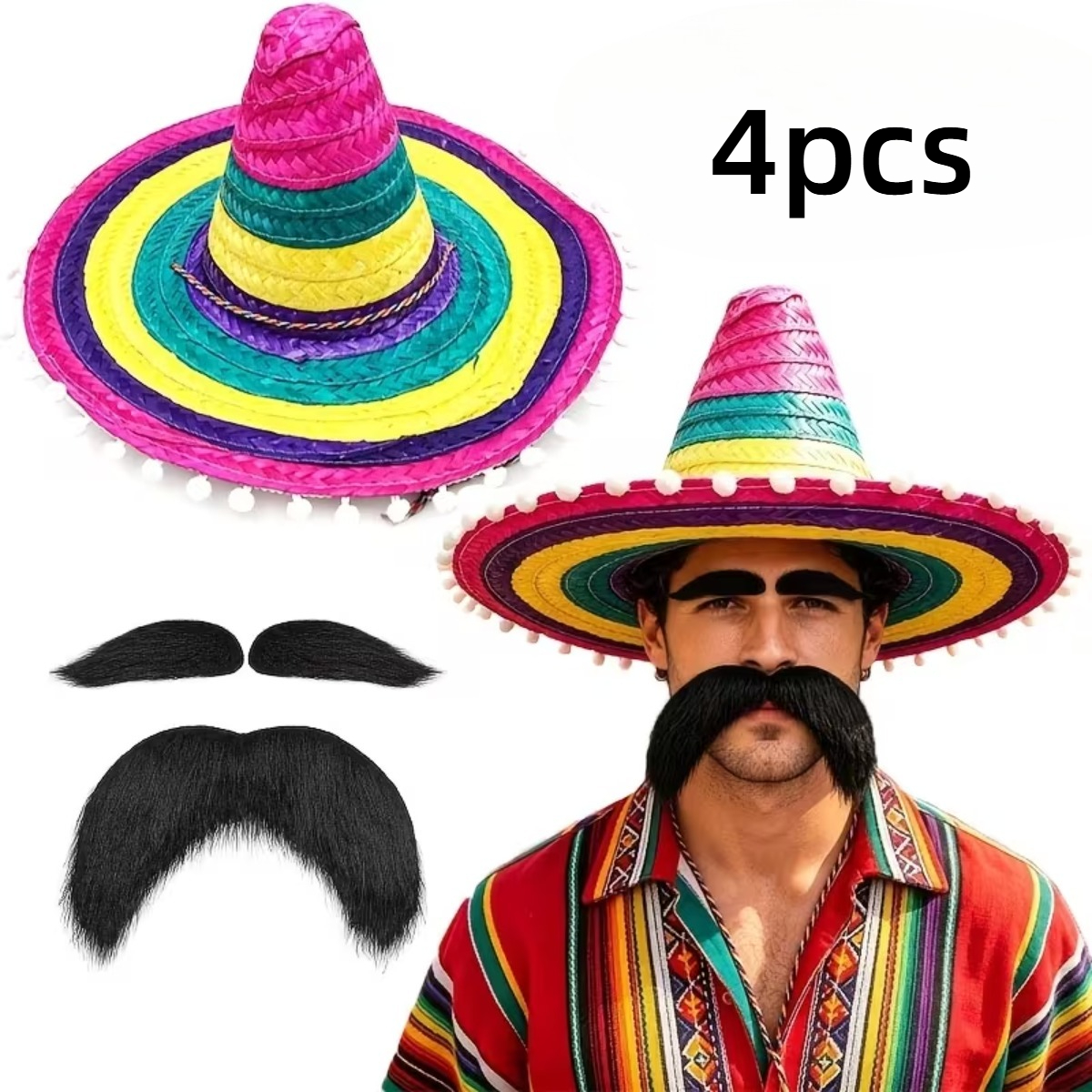 TEMU 4pcs (1 Hat And 1pc Mustache) Mexican-themed Colored Costume Accessory Set, Includes (hat, Mustache), Suitable For Music Festivals, Themed