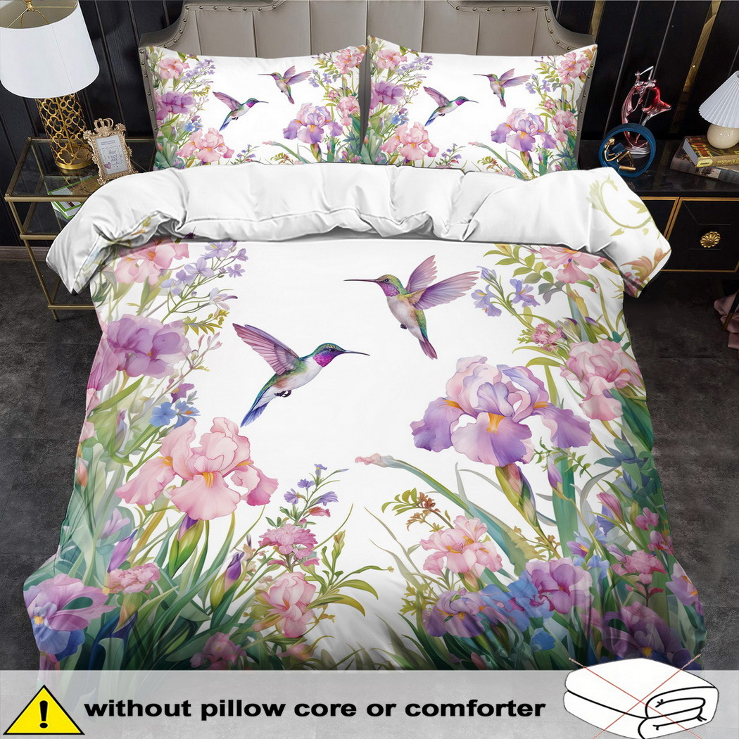 TEMU Bird Theme Duvet Cover Set - 2/3pcs, Soft, Comfortable, And Breathable, Floral Print Bedding Set, Purple Floral Duvet Cover Set, 100% Polyester