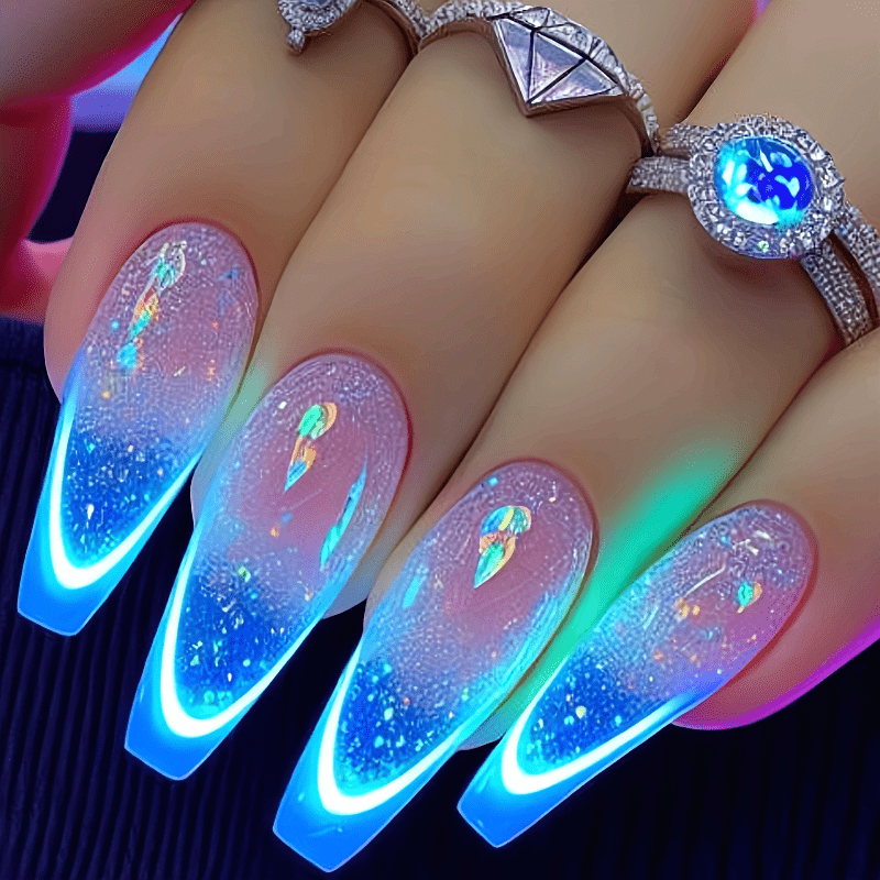 TEMU 24pcs Ultra Long Ballet Shaped Blue Striped Fake Nails - Smooth Detachable Press In Nails With Neon Tips, Suitable For Parties, Events, And