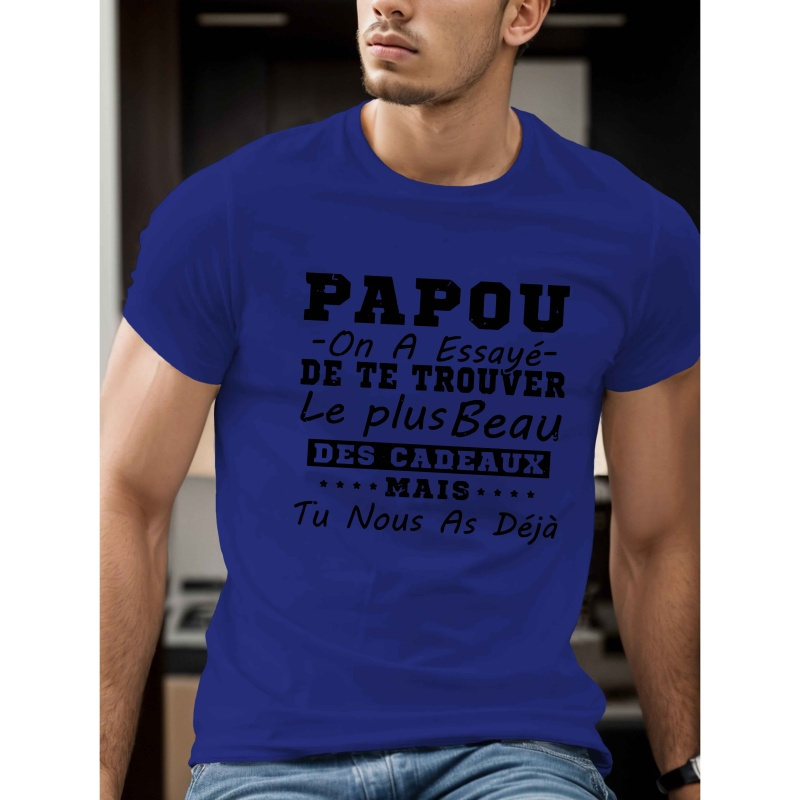 

Style Été| T-Shirt pour Hommes à l'Amusante "PAPOU", 100% Polyester, Col Rond, Manches Courtes, Haut Décontracté d'Été, Lavable en Machine