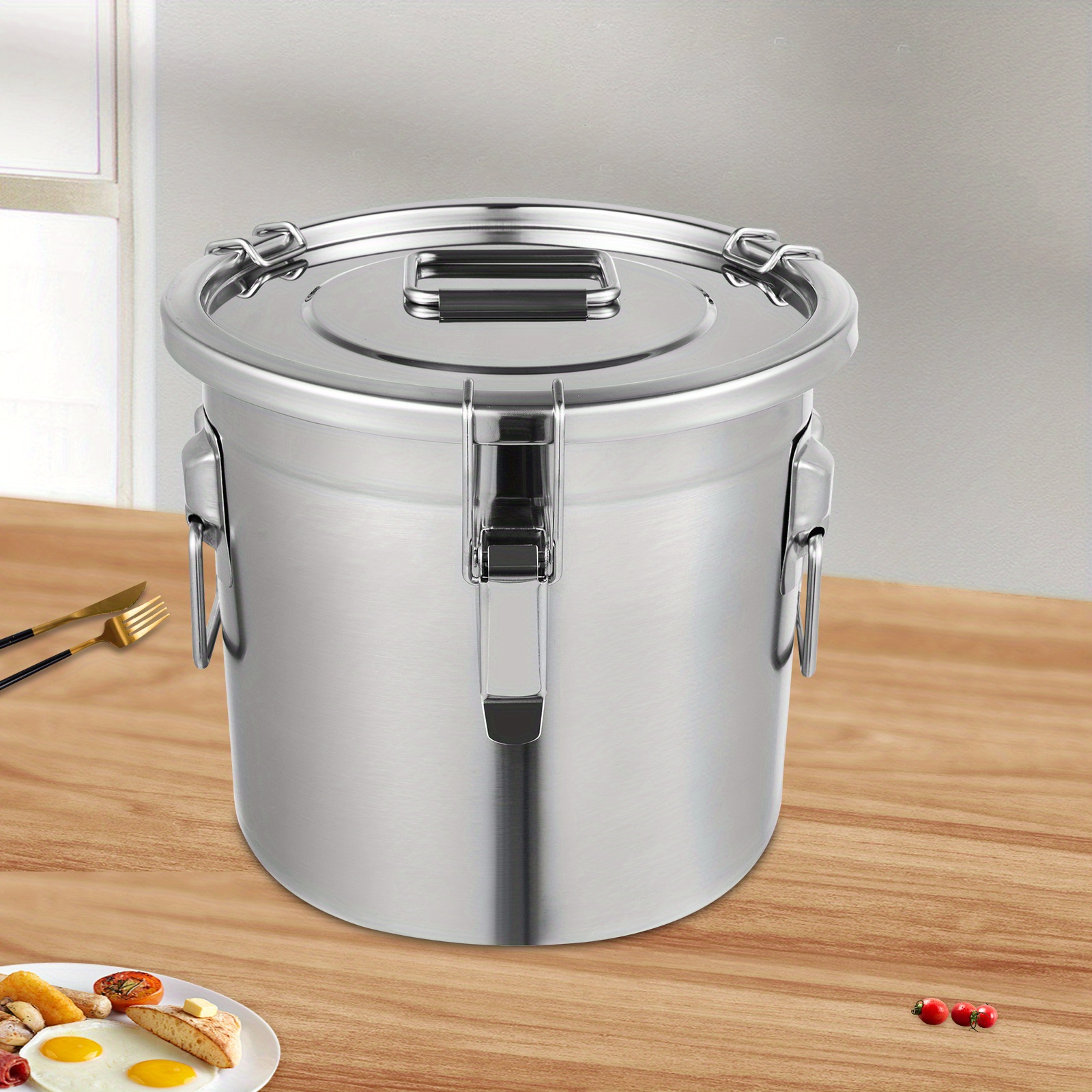 1pc   stainless steel food airtight canister for kitchen rice cereal grain canisters container 12l large capacity 304 and 201 stainless steel double sealing protection household storage bucket with handles lid