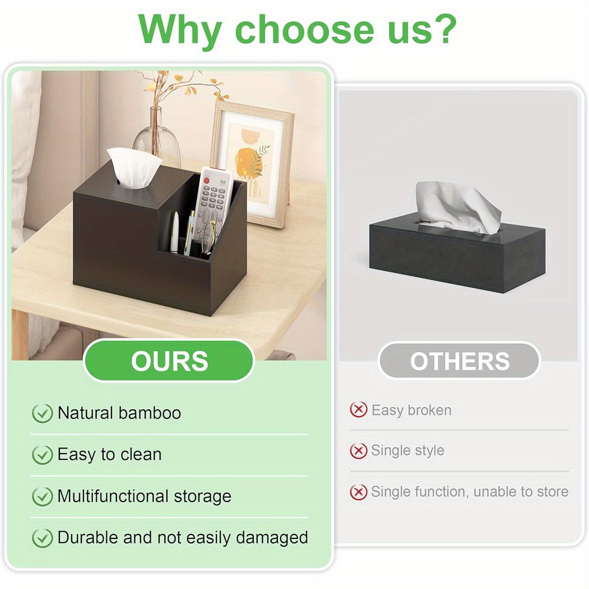 tissue box cover holder bamboo square multifunction nightstand organizer tissue storage box for bedroom bathroom office compartments hold ipad phones remote controls black Product details 2