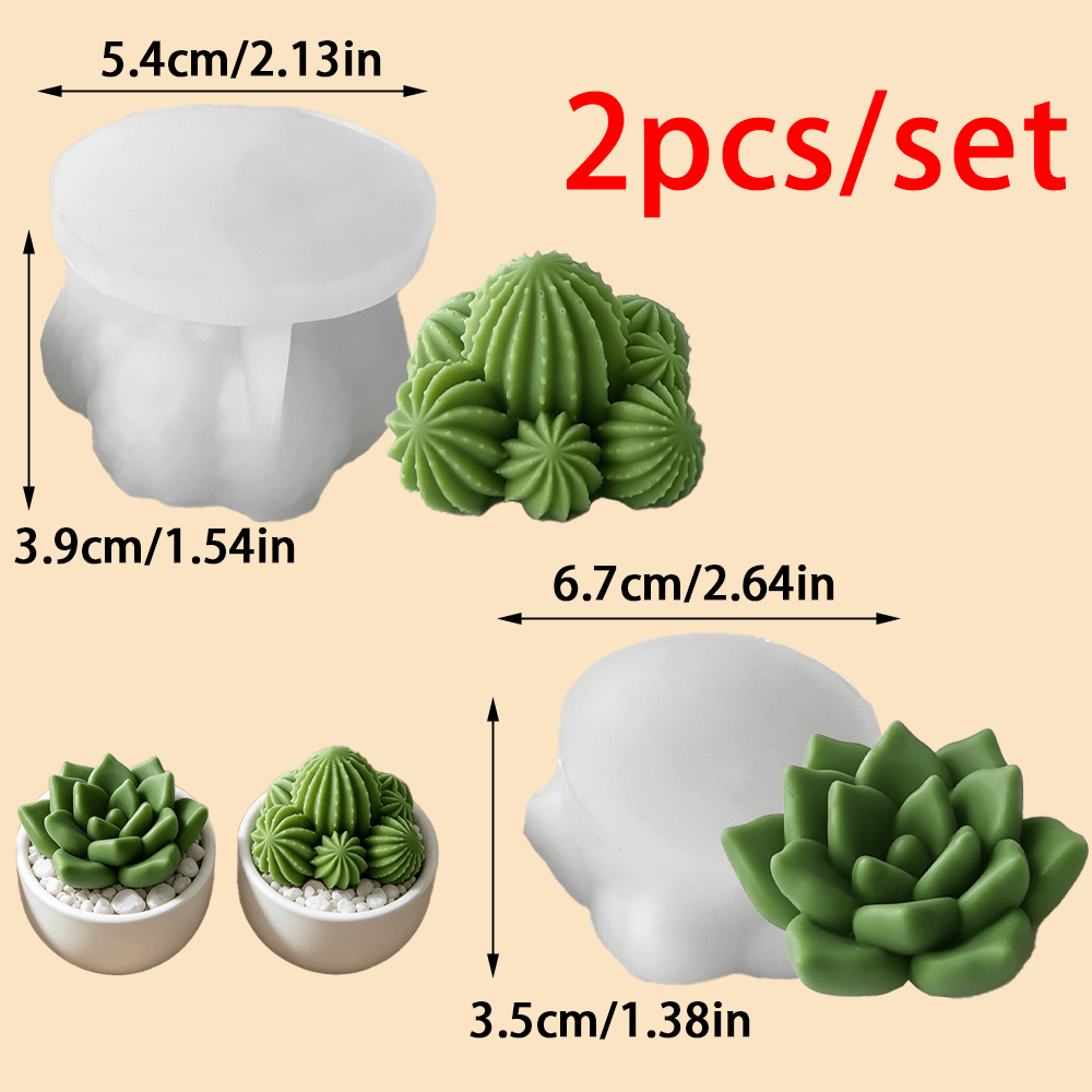 TEMU 2pcs Set Succulent Cactus Silicone Candle Mold For Soy Wax Candle Plant Shaped Ornament Florist Green Store Decor Wedding Birthday Party Gifts