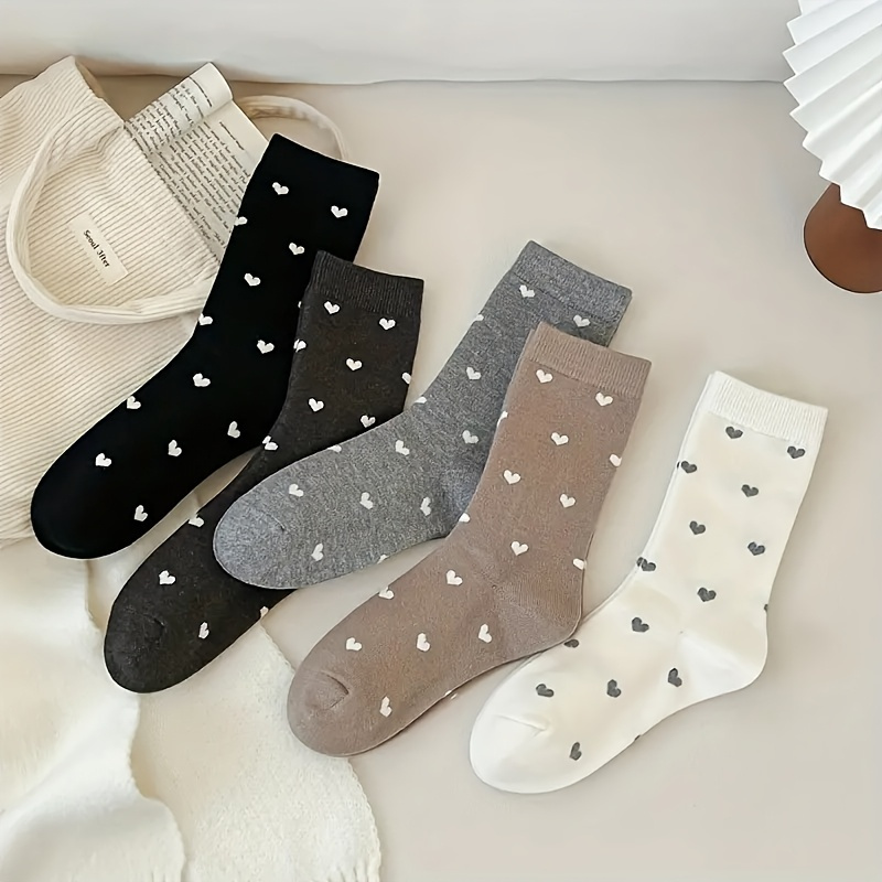 Image of 5 Pairs Spring Autumn Winter Korean Style Women's Mid-calf Socks Heart-shaped Print Comfortable Soft Solid Color Push-up Socks