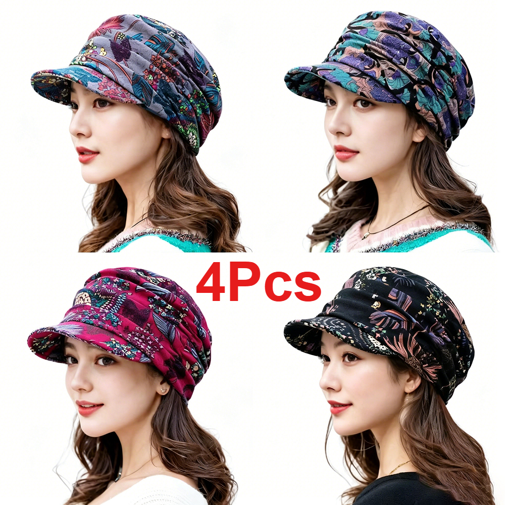 TEMU 4-pack Women Vintage Floral Printed Visor Slouchy Beanie Set, Boho Ruched Chemo Head Wrap With Short Sun Brim, Breathable Elastic Postpartum