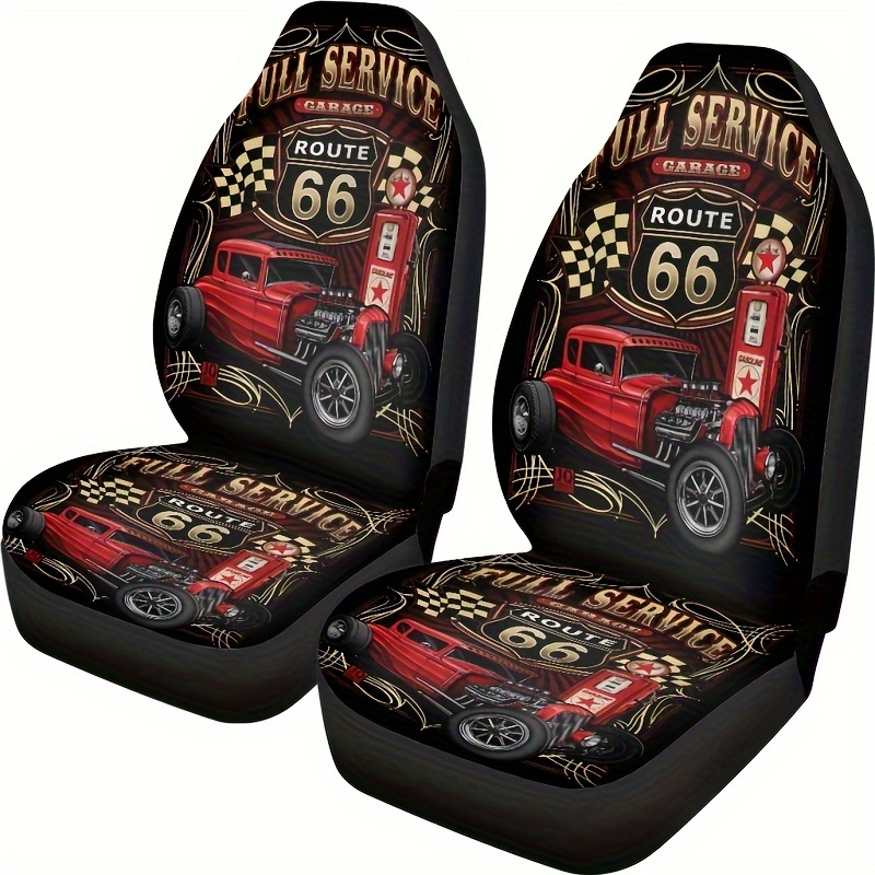 Image of 2pcs Vintage Car Seat Covers- Red& Black Checkered Design With & American Flag, Durable Material, Fit For Small Cars, Trucks, Suvs, Trucks Car Accessories, Retro Car Theme, Highquality Fabric