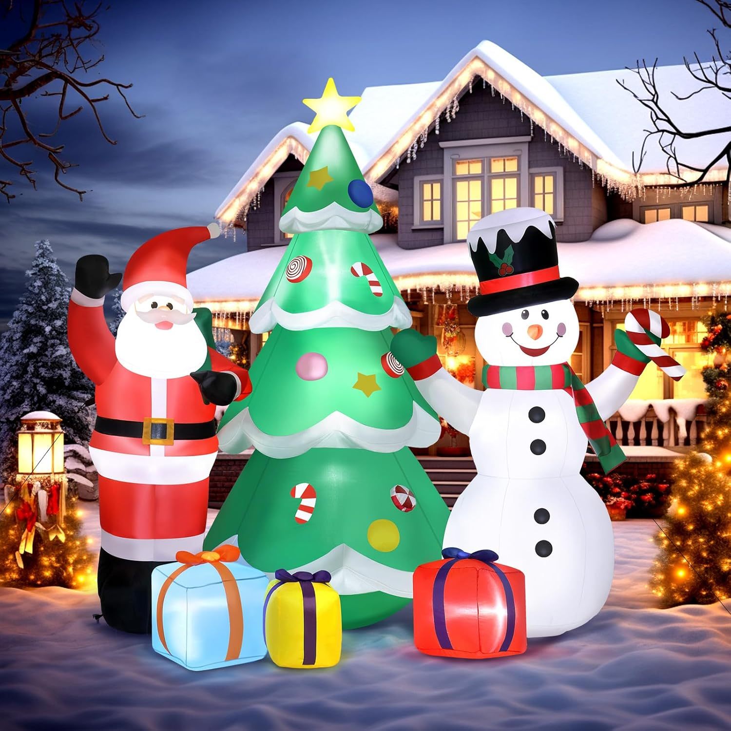 TEMU Qaq Snowman And Santa Claus Tree Set (6ft, Santa Claus, Snowman, Tree, Gift Box) Christmas Inflatable Decoration