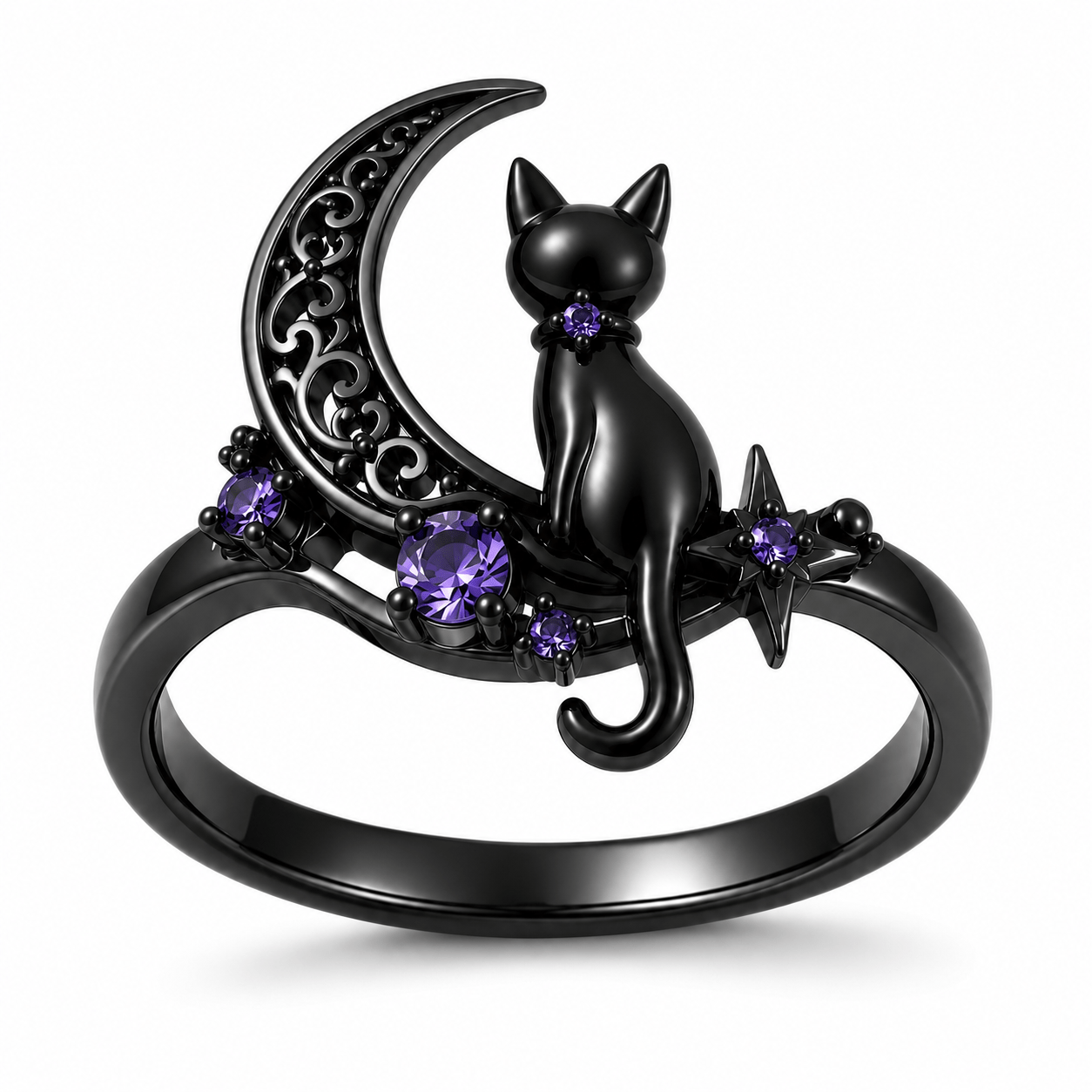 TEMU 1pc Unisex Cute Cat Star Inlaid Statement Ring Gothic Chic Finger Jewelry, No Ring Box Included, Halloween Themed Party Cosplay Outfit Accessory