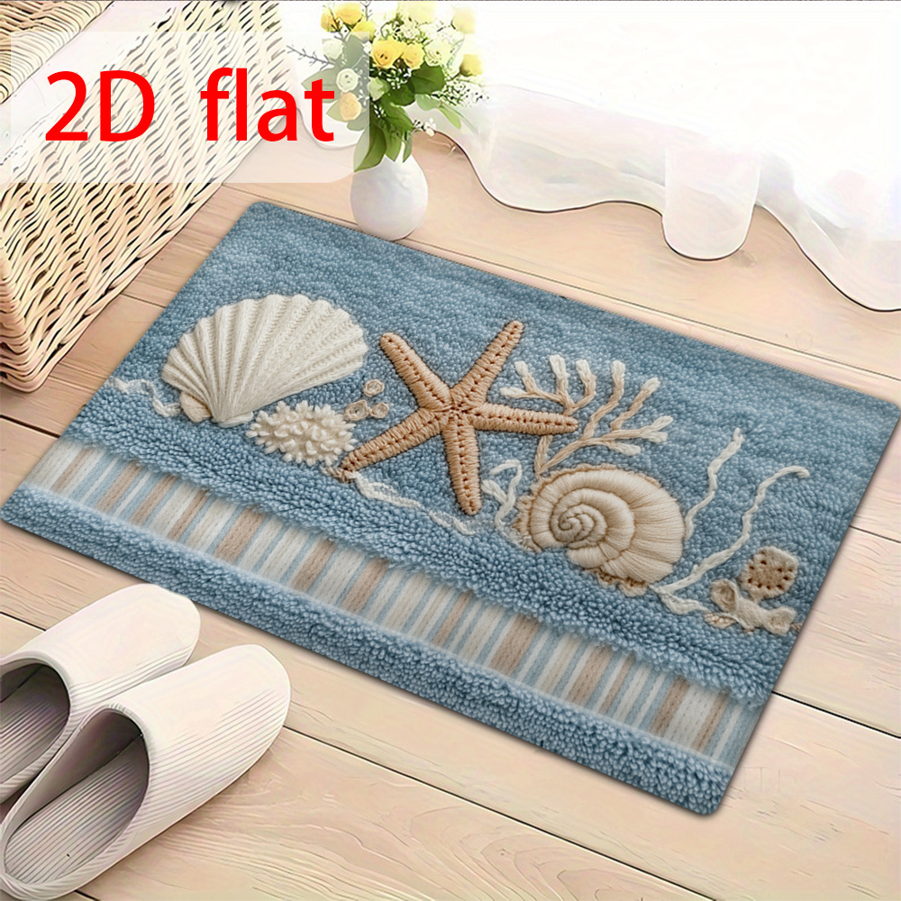 TEMU 2d Flat, 2d Flat 1pc Shell And Starfish Pattern Printed Bathroom Mat, Made Of Soft Flannel. Suitable For Bathroom, Living Room, Bedroom, Dining